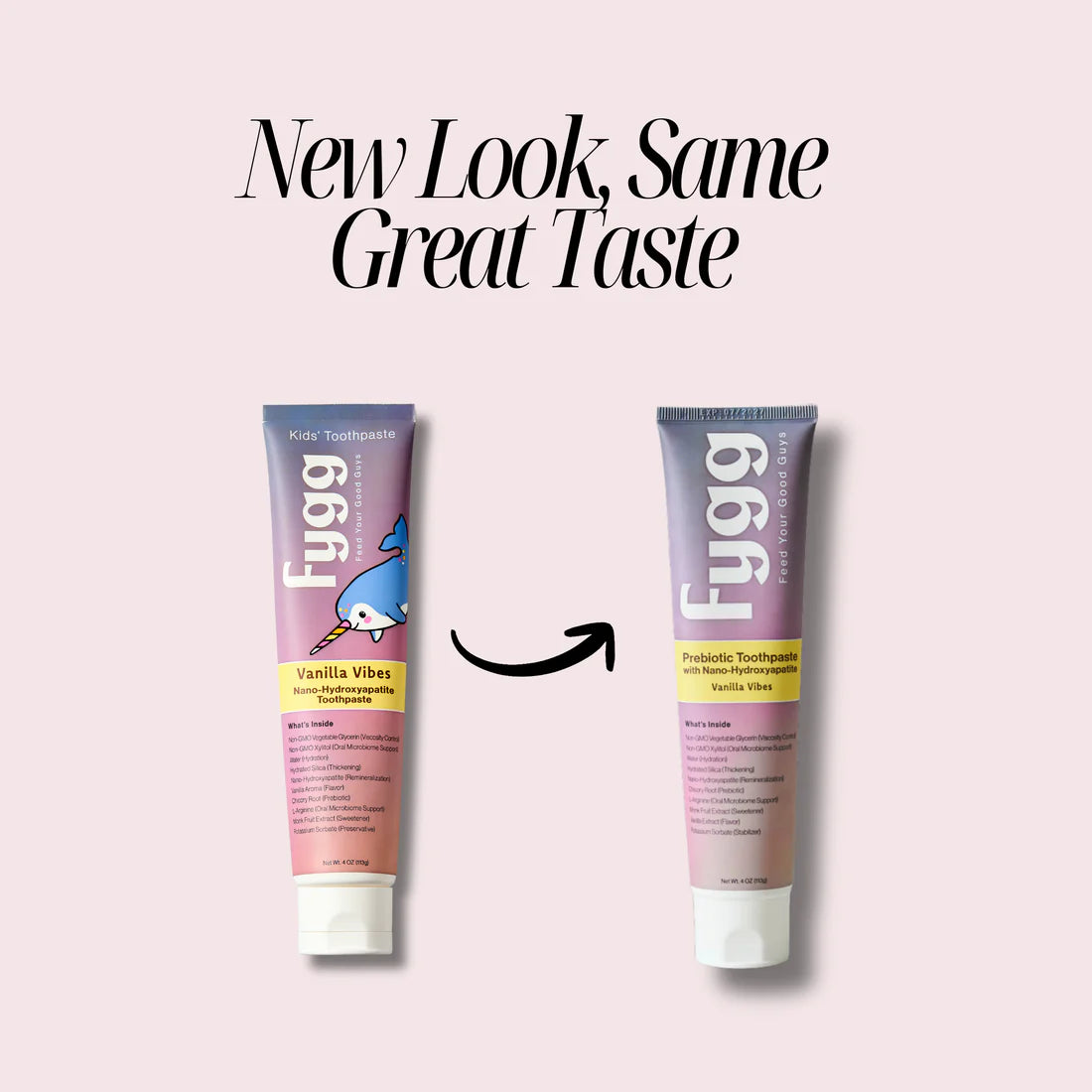 Two tubes of Fug toothpaste on a pink background with text 'New Look, Same Great Taste'.