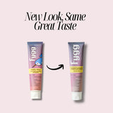 Two tubes of Fug toothpaste on a pink background with text 'New Look, Same Great Taste'.