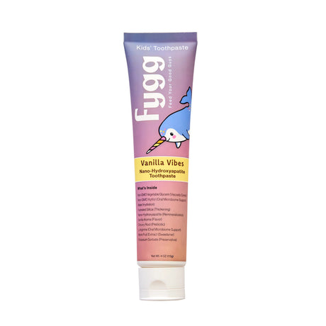 Fygg Vanilla Vibes Kids' Toothpaste tube with purple and pink design on a white background