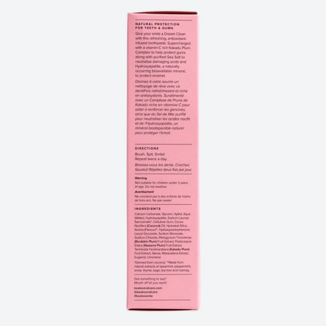 Back shot of Keeko Dream Clean toothpaste packaging
