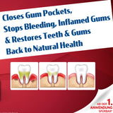 Advertisement for dental product with text and illustrations of teeth and gums on a red and white background.