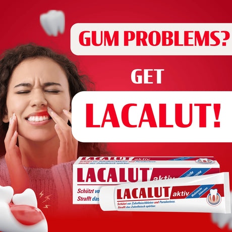 Advertisement for Lacalut toothpaste with a woman experiencing gum pain on a red background.