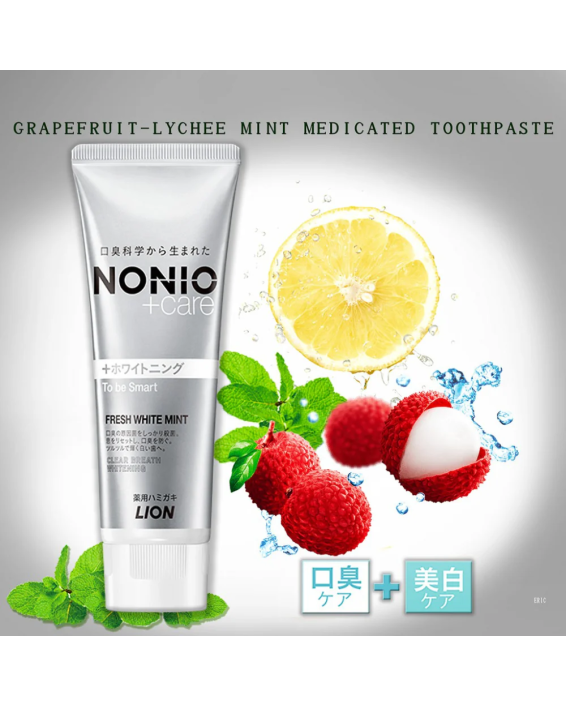 Lion Nonio Care toothpaste with grapefruit, lychee, and mint elements on a gray background