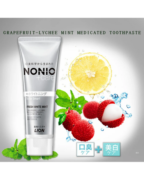 Lion Nonio Care toothpaste with grapefruit, lychee, and mint elements on a gray background