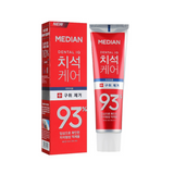 Median dental care toothpaste with red packaging and white text on a white background