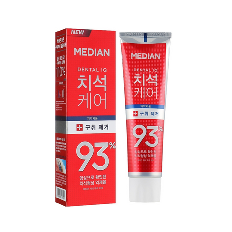 Median dental care toothpaste with red packaging and white text on a white background