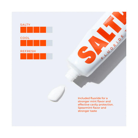 Saltrain fluoride toothpaste tube on a light grey background