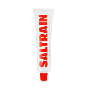 Tube of Saltrain fluoride toothpaste on a white background