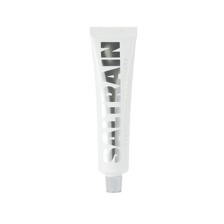 Saltrain toothpaste tube with black text on a white background