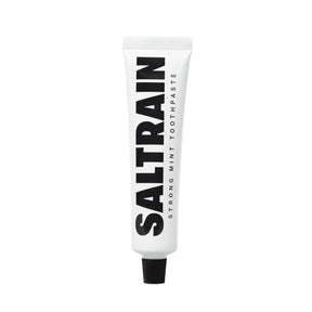 Saltrain Strong Mint toothpaste tube on a white background
