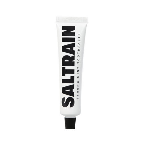 Saltrain Strong Mint toothpaste tube on a white background