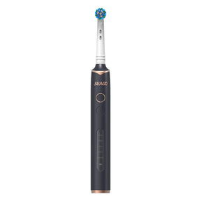 An electric toothbrush with a green and blue brush head, featuring text that highlights its 360-degree surround capability and deep cleaning action.