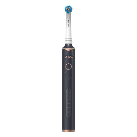 An electric toothbrush with a green and blue brush head, featuring text that highlights its 360-degree surround capability and deep cleaning action.